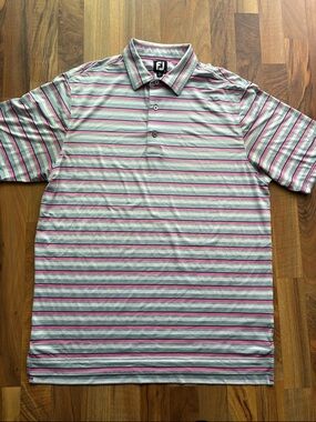 FootJoy Men's Pink and Gray Striped Performance Polo Size L